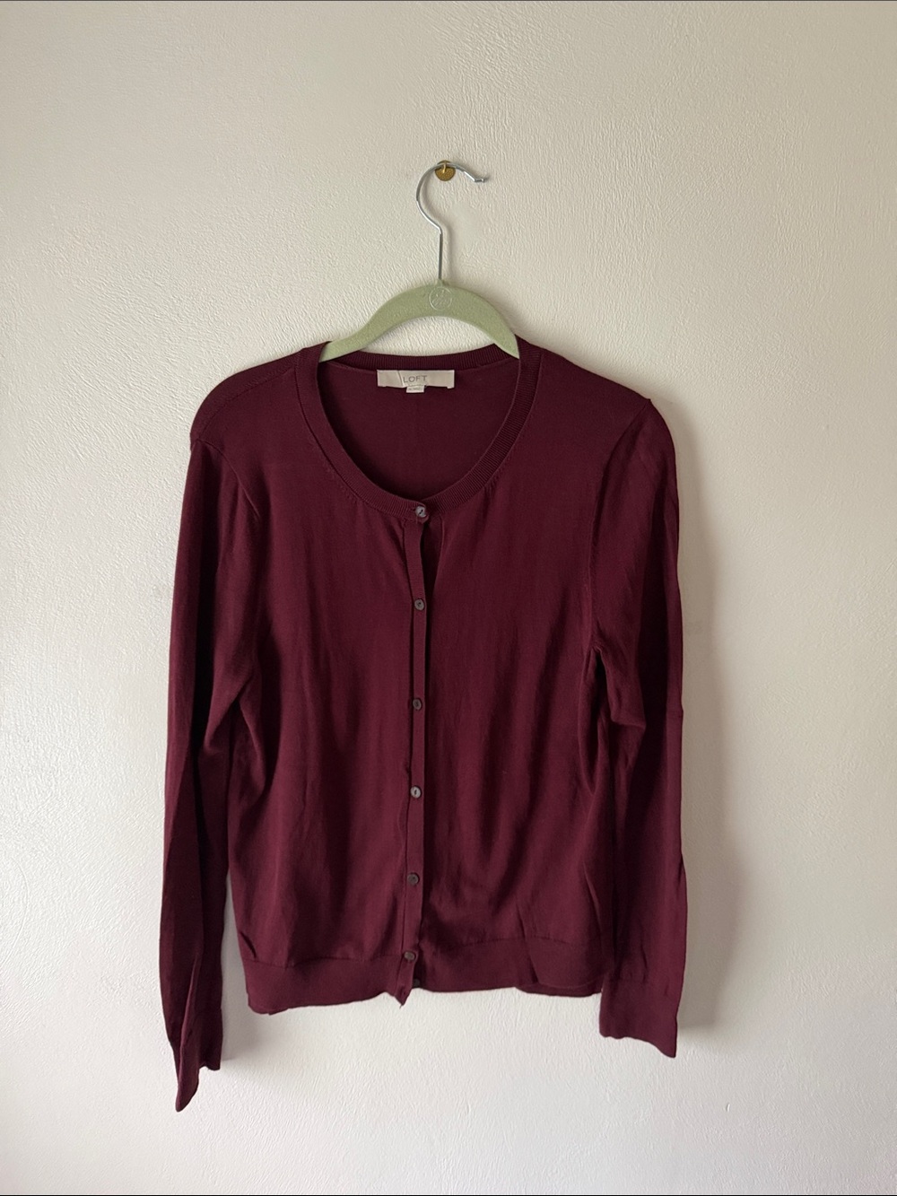 LOFT Burgundy Crewneck Button Cardigan
